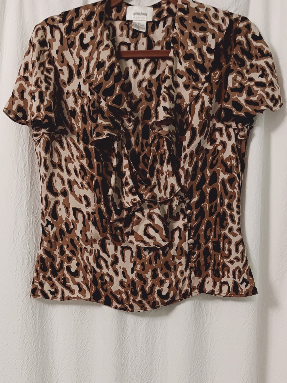 Neiman Marcus Brown and Black Leopard Print Short Sleeve Blouse Size 6